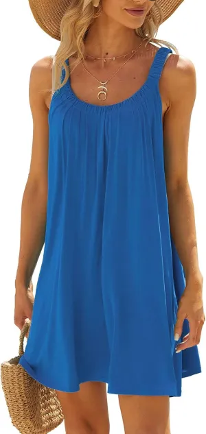 Summer Beach Dresses for Women,2024 Strappy Tank Dress Sleeveless Loose Flowy Mini Sundress Smocked Shift Tunic Dress