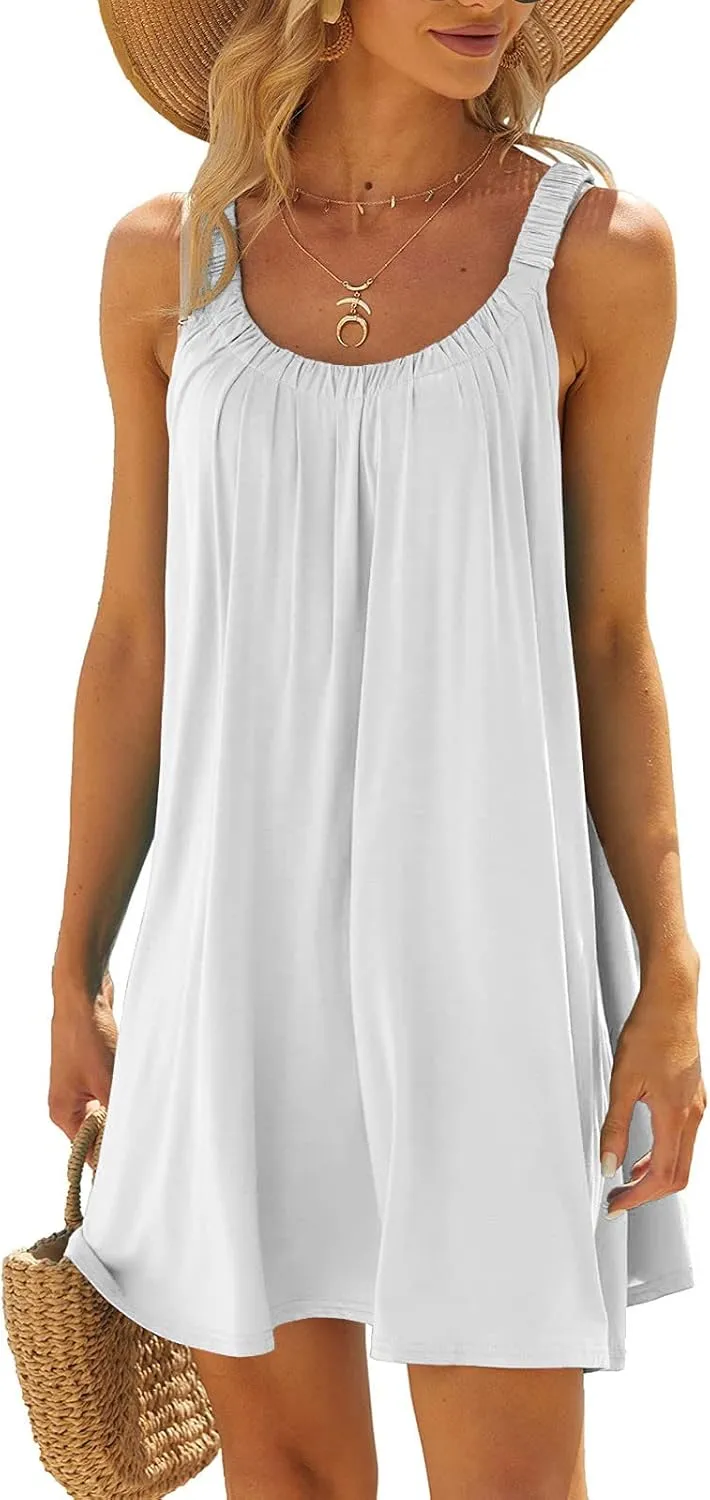 Summer Beach Dresses for Women,2024 Strappy Tank Dress Sleeveless Loose Flowy Mini Sundress Smocked Shift Tunic Dress