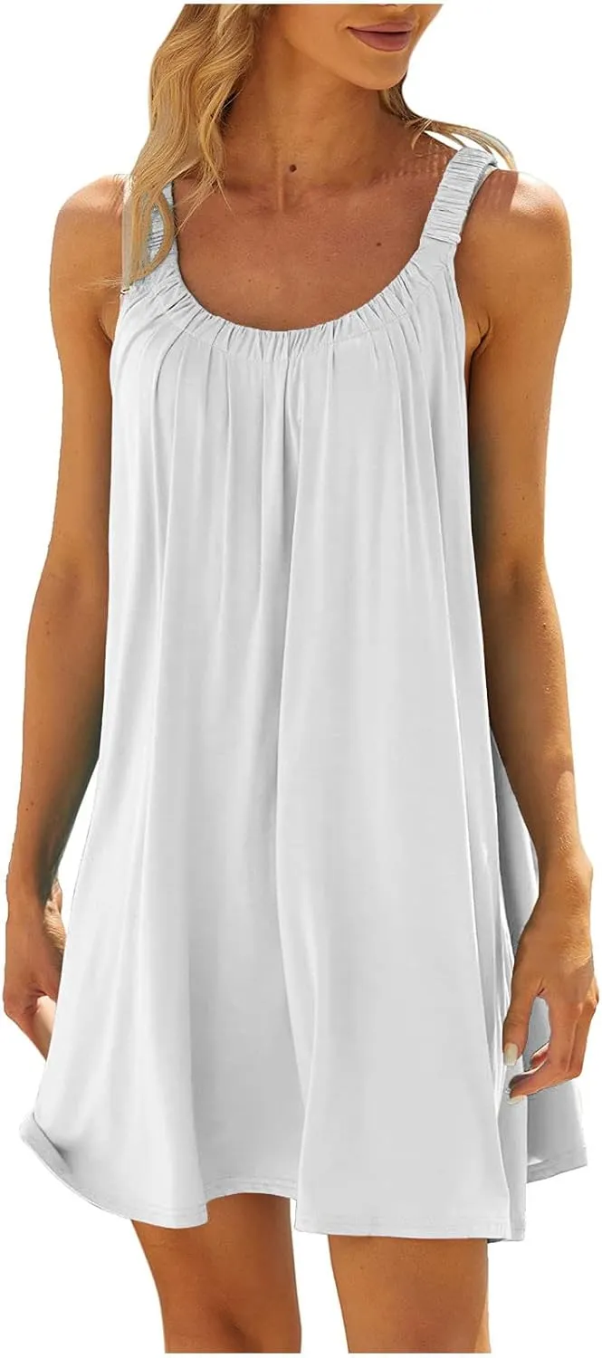 Summer Beach Dresses for Women,2024 Strappy Tank Dress Sleeveless Loose Flowy Mini Sundress Smocked Shift Tunic Dress