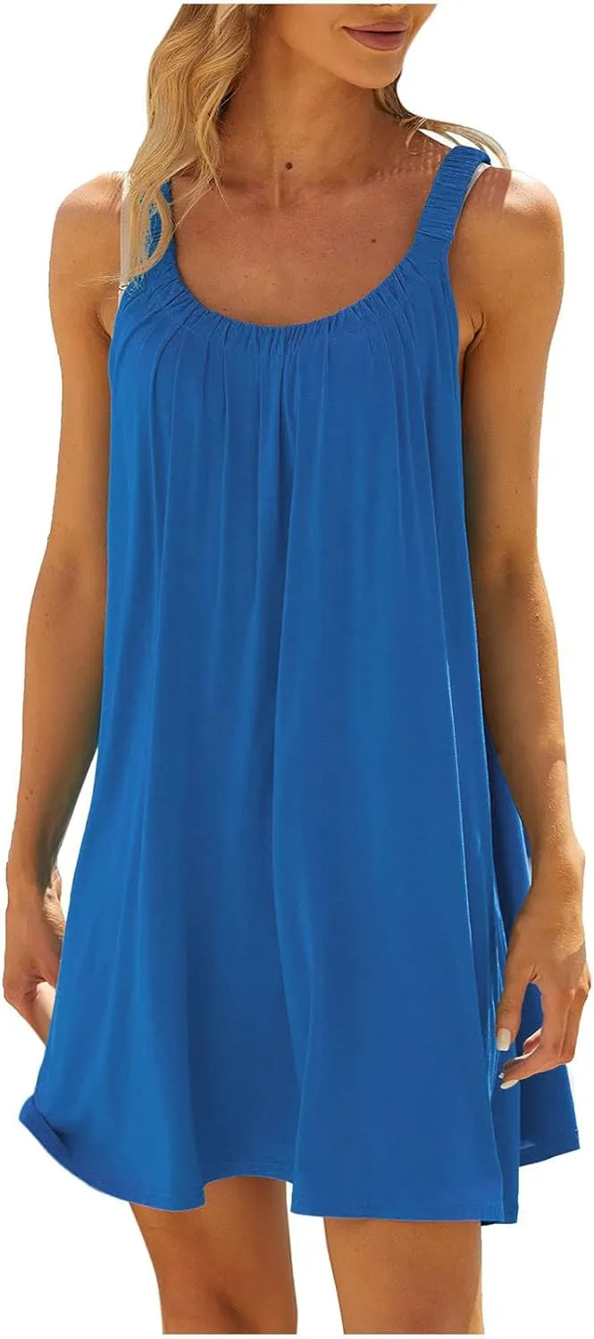 Summer Beach Dresses for Women,2024 Strappy Tank Dress Sleeveless Loose Flowy Mini Sundress Smocked Shift Tunic Dress