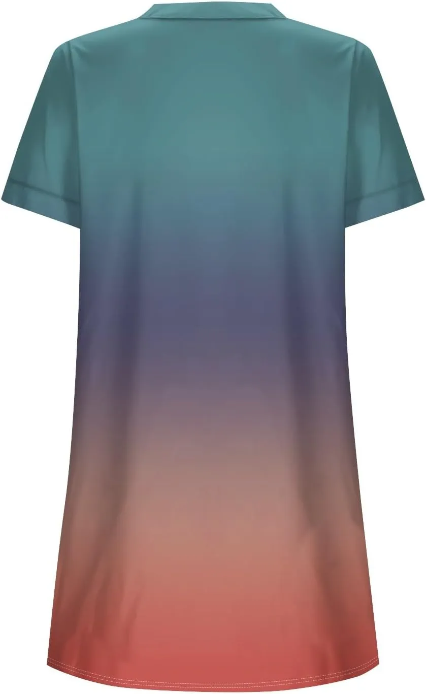 Summer Beach Sundress Women's Gradient Color Dress V Neck Short Sleeve Button Down Top Mini T Shirt Dresses