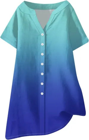 Summer Beach Sundress Women's Gradient Color Dress V Neck Short Sleeve Button Down Top Mini T Shirt Dresses