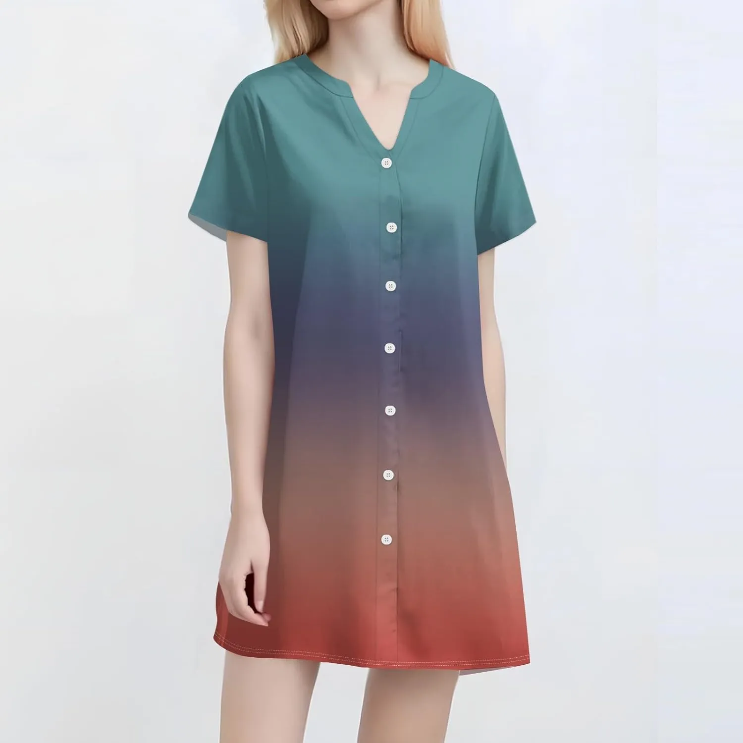 Summer Beach Sundress Women's Gradient Color Dress V Neck Short Sleeve Button Down Top Mini T Shirt Dresses