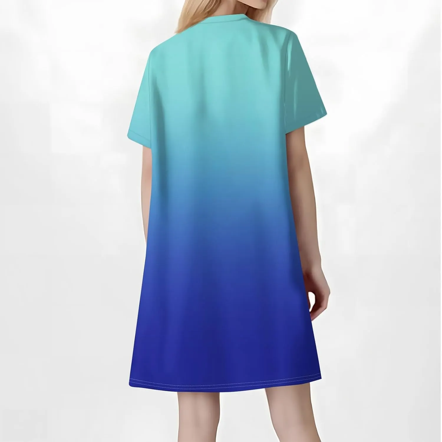 Summer Beach Sundress Women's Gradient Color Dress V Neck Short Sleeve Button Down Top Mini T Shirt Dresses