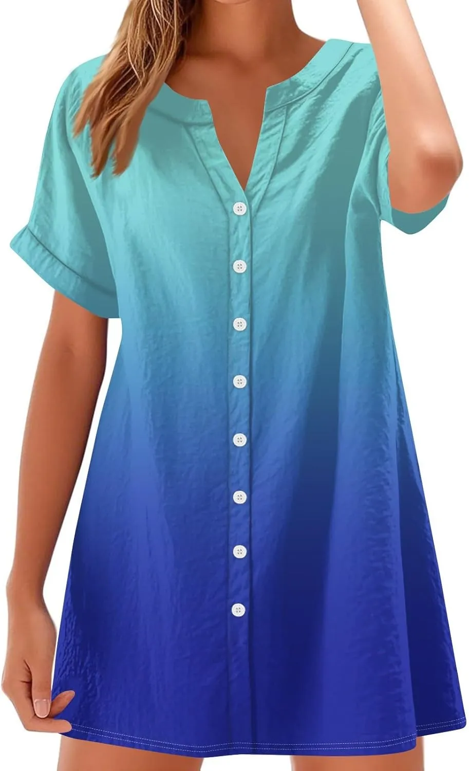 Summer Beach Sundress Women's Gradient Color Dress V Neck Short Sleeve Button Down Top Mini T Shirt Dresses