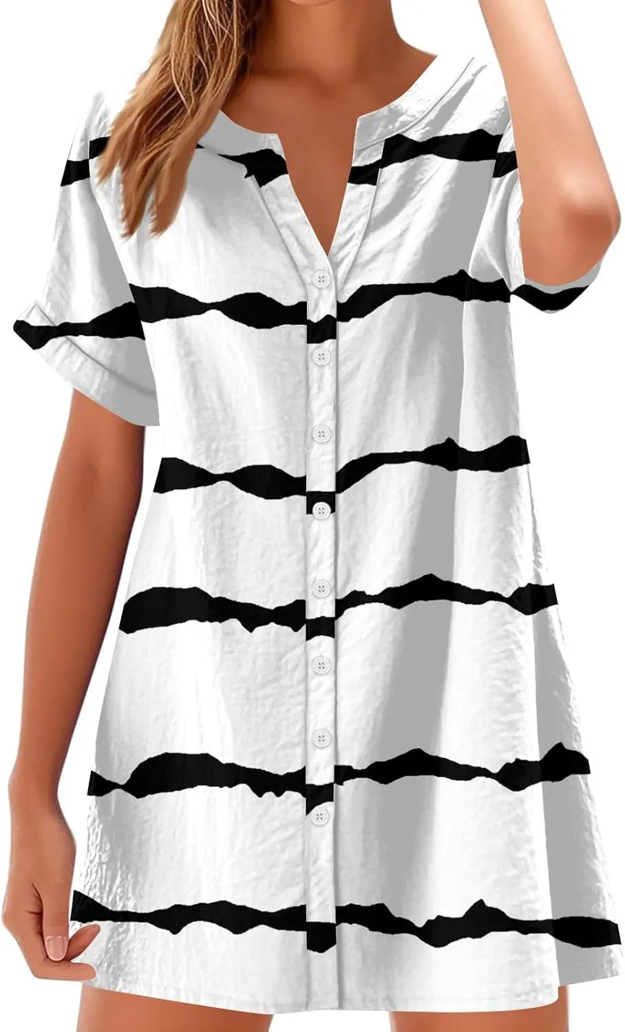Summer Beach Sundress Women's Gradient Color Dress V Neck Short Sleeve Button Down Top Mini T Shirt Dresses