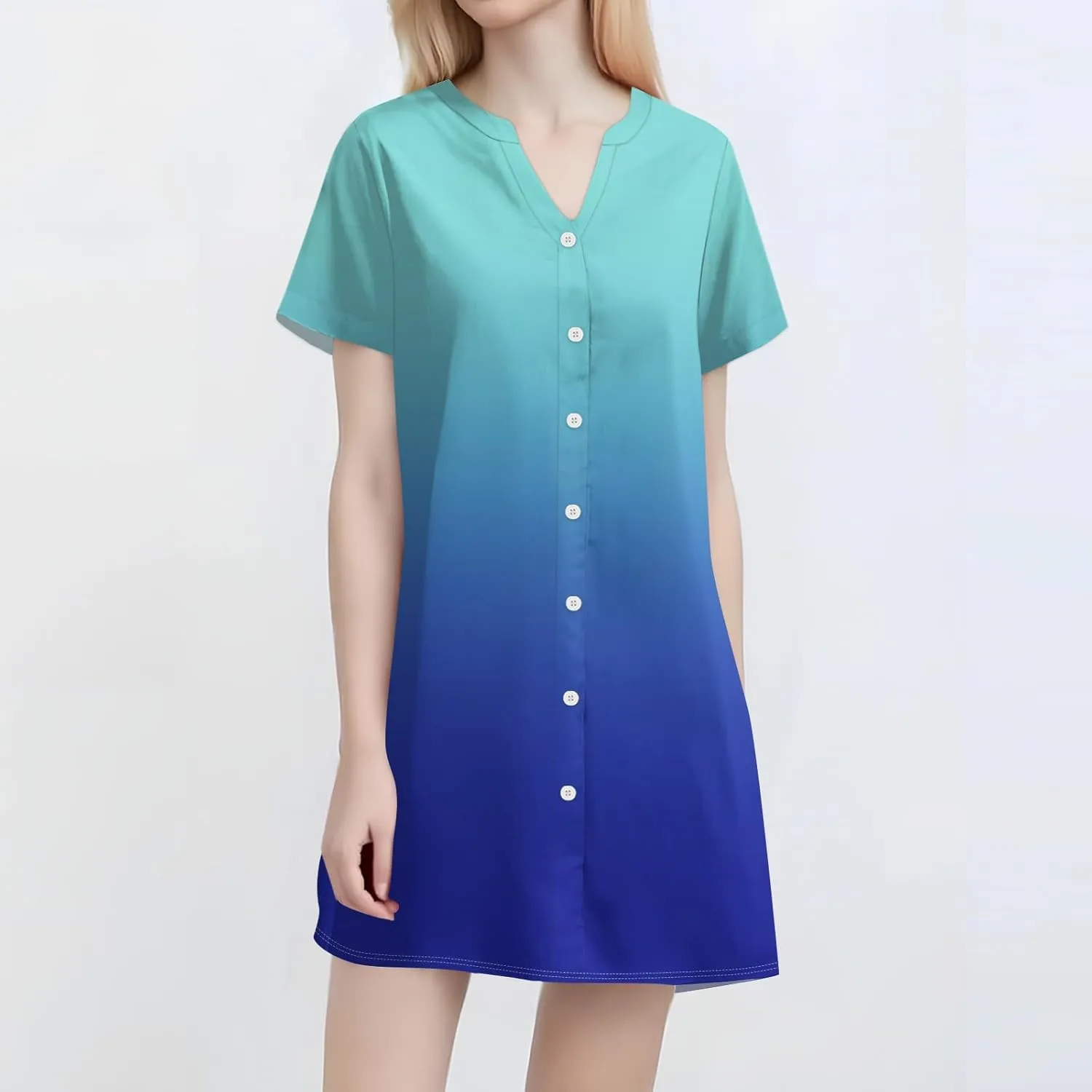 Summer Beach Sundress Women's Gradient Color Dress V Neck Short Sleeve Button Down Top Mini T Shirt Dresses