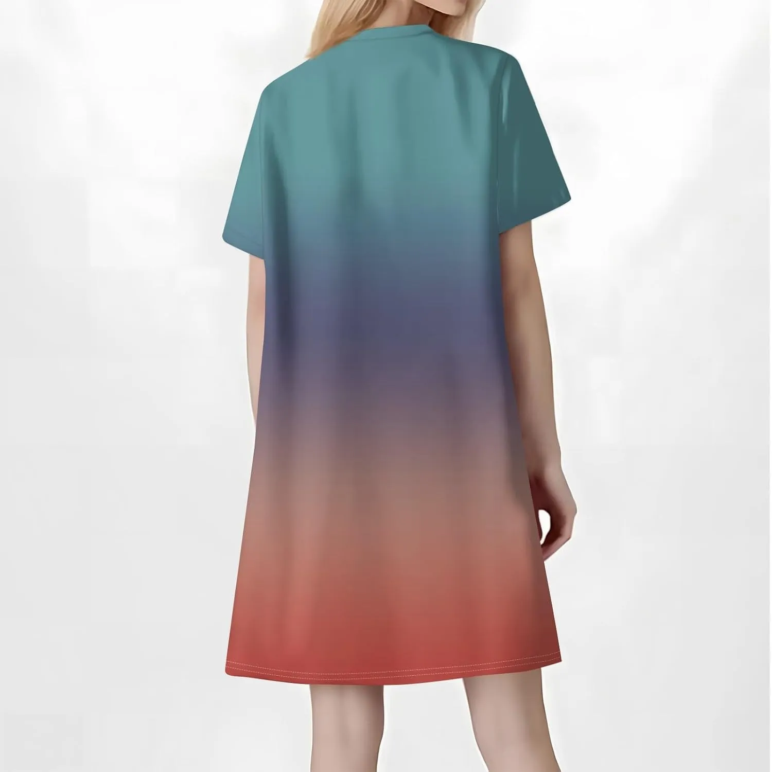 Summer Beach Sundress Women's Gradient Color Dress V Neck Short Sleeve Button Down Top Mini T Shirt Dresses