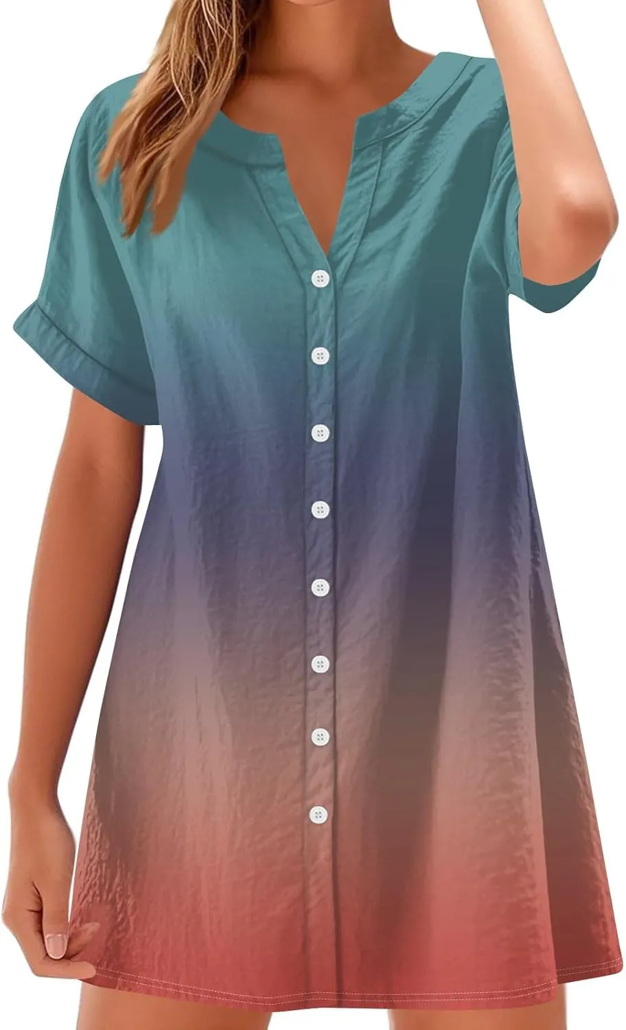 Summer Beach Sundress Women's Gradient Color Dress V Neck Short Sleeve Button Down Top Mini T Shirt Dresses