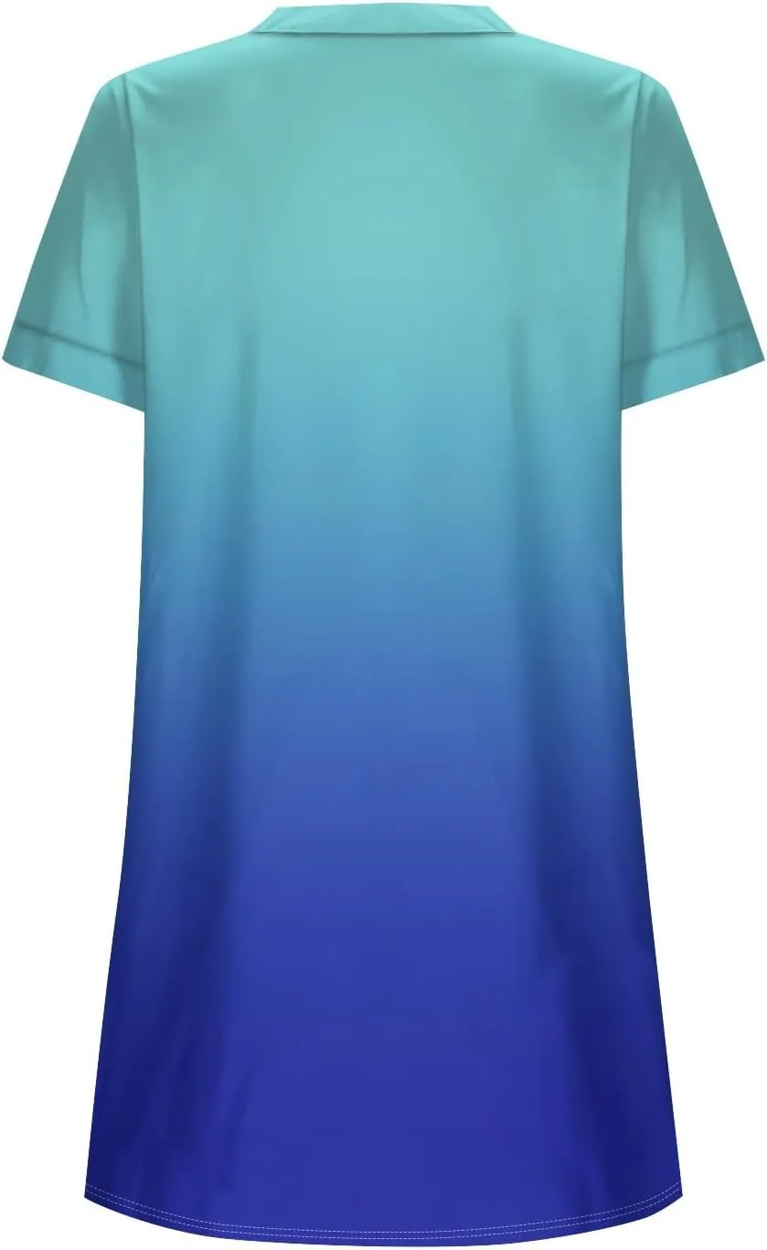 Summer Beach Sundress Women's Gradient Color Dress V Neck Short Sleeve Button Down Top Mini T Shirt Dresses