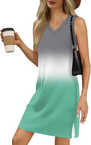 Summer Dresses for Women 2025 Beach Casual Sundresses Loose T Shirt Dresses Sleeveless Floral Tank Dress with Split