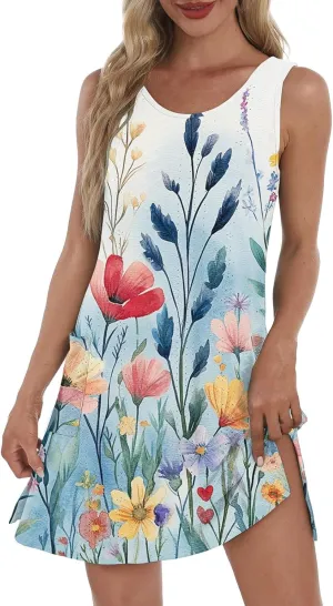 Summer Dresses for Women 2025 Beach T Shirt Dresses Sleeveless Floral Flowy Tshirt Tank Sundresses with Pocket