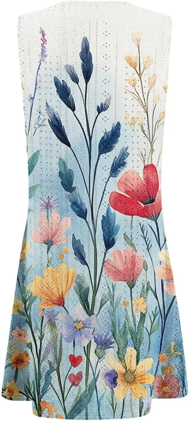 Summer Dresses for Women 2025 Beach T Shirt Dresses Sleeveless Floral Flowy Tshirt Tank Sundresses with Pocket