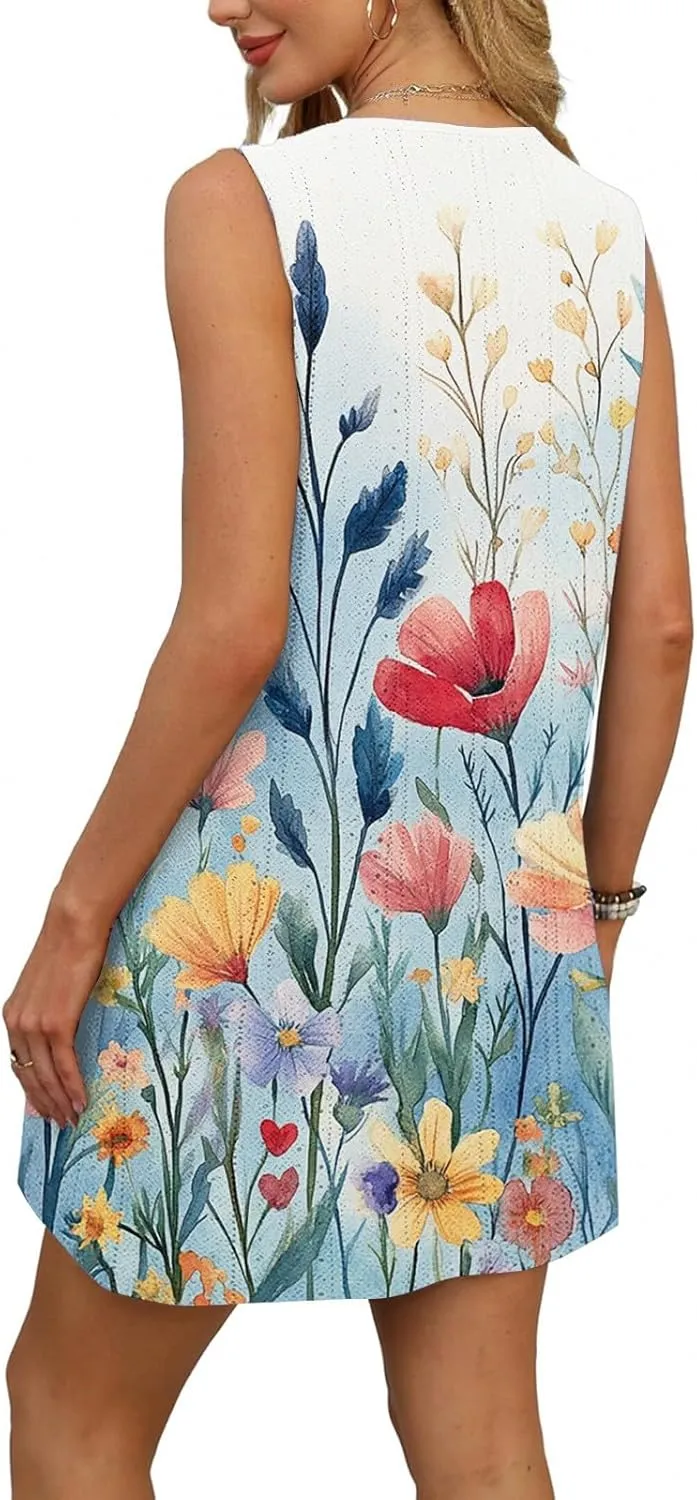 Summer Dresses for Women 2025 Beach T Shirt Dresses Sleeveless Floral Flowy Tshirt Tank Sundresses with Pocket