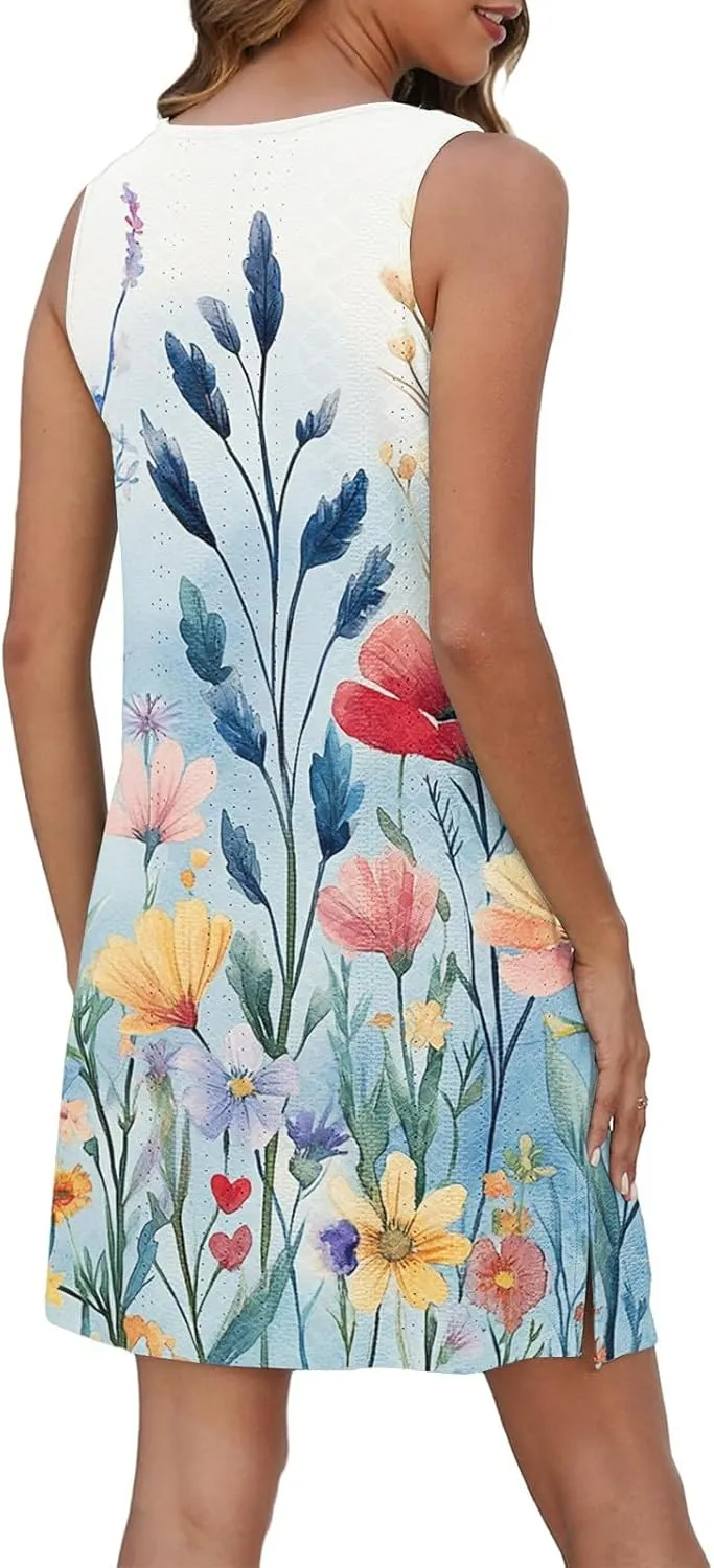 Summer Dresses for Women 2025 Beach T Shirt Dresses Sleeveless Floral Flowy Tshirt Tank Sundresses with Pocket