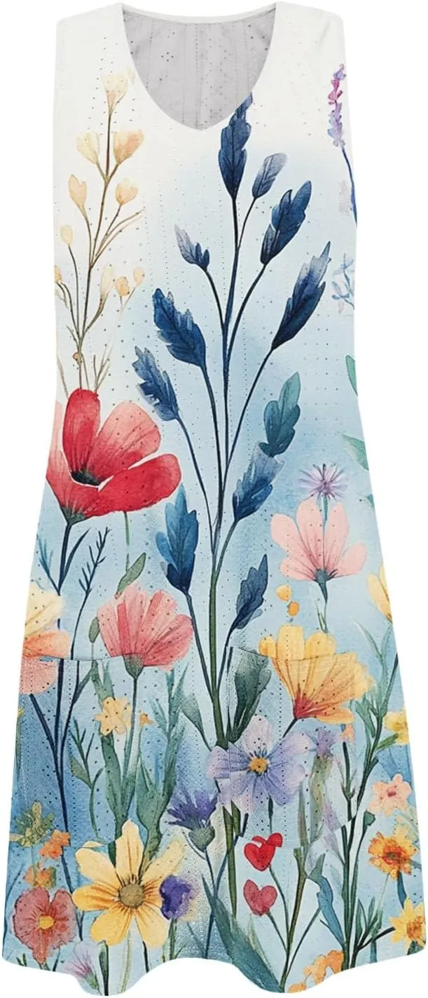 Summer Dresses for Women 2025 Beach T Shirt Dresses Sleeveless Floral Flowy Tshirt Tank Sundresses with Pocket