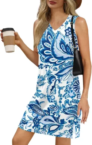 Summer Dresses for Women 2025 Loose Casual Tank Dress Beach Sundresses Sleeveless Floral T Shirt Dresses with Split