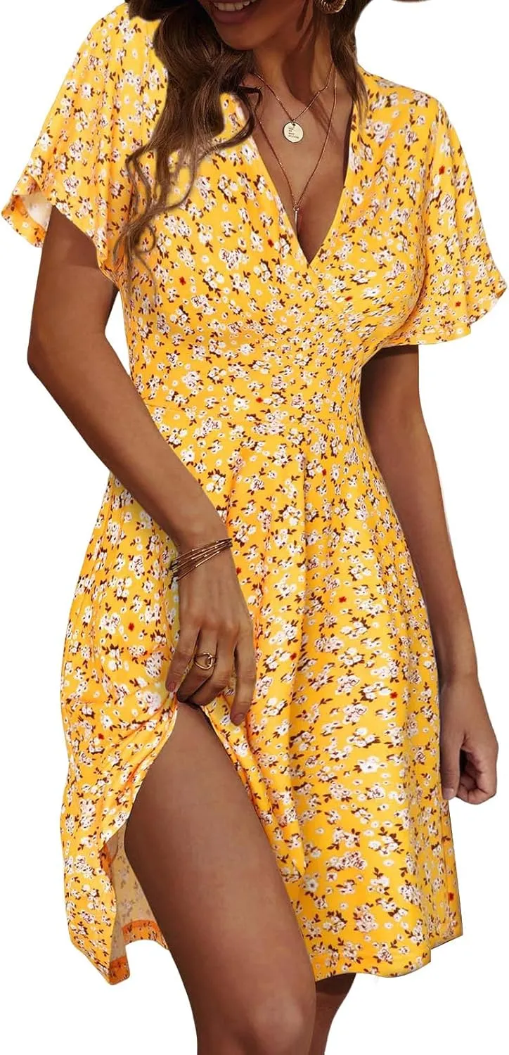 Summer Dresses for Women Boho Sundress V Neck Ruffle Sleeve Mini Dress A Line Sundress Casual Going Out Dresses 2025