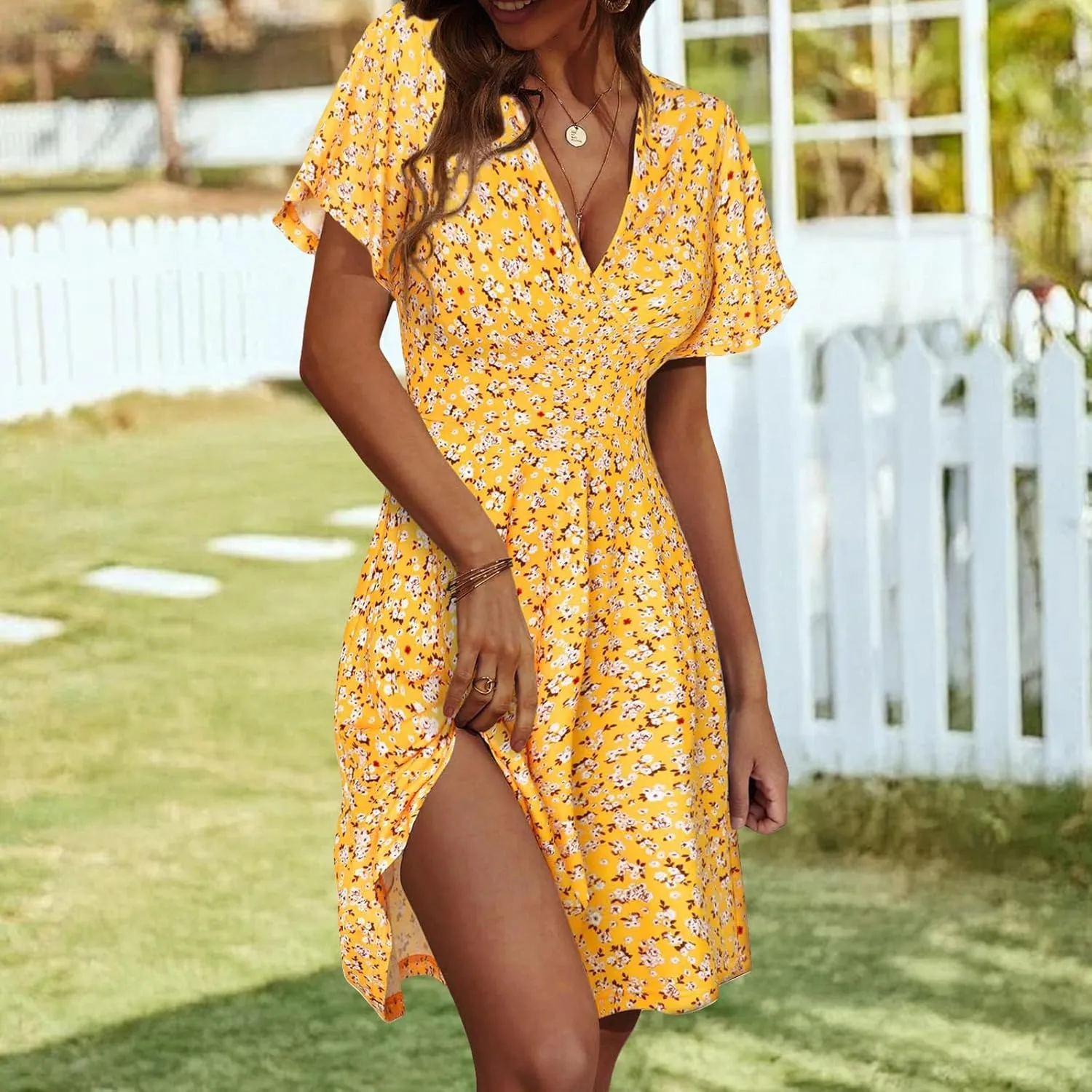 Summer Dresses for Women Boho Sundress V Neck Ruffle Sleeve Mini Dress A Line Sundress Casual Going Out Dresses 2025