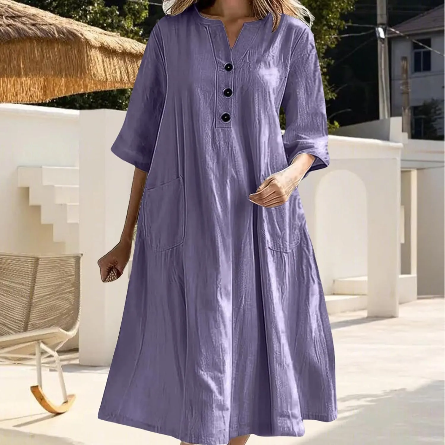 Summer Dresses for Women Boho Vacation Dress Midi Button Up 3/4 Sleeve Beach Dress Loose Fit Shift V Neck Sundress