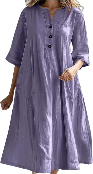 Summer Dresses for Women Boho Vacation Dress Midi Button Up 3/4 Sleeve Beach Dress Loose Fit Shift V Neck Sundress