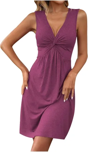 Summer Dresses for Women Sexy Deep V Neck Front Twist Knot Tank Mini Dress Casual Sleeveless Tunic Dress Beach Sundress