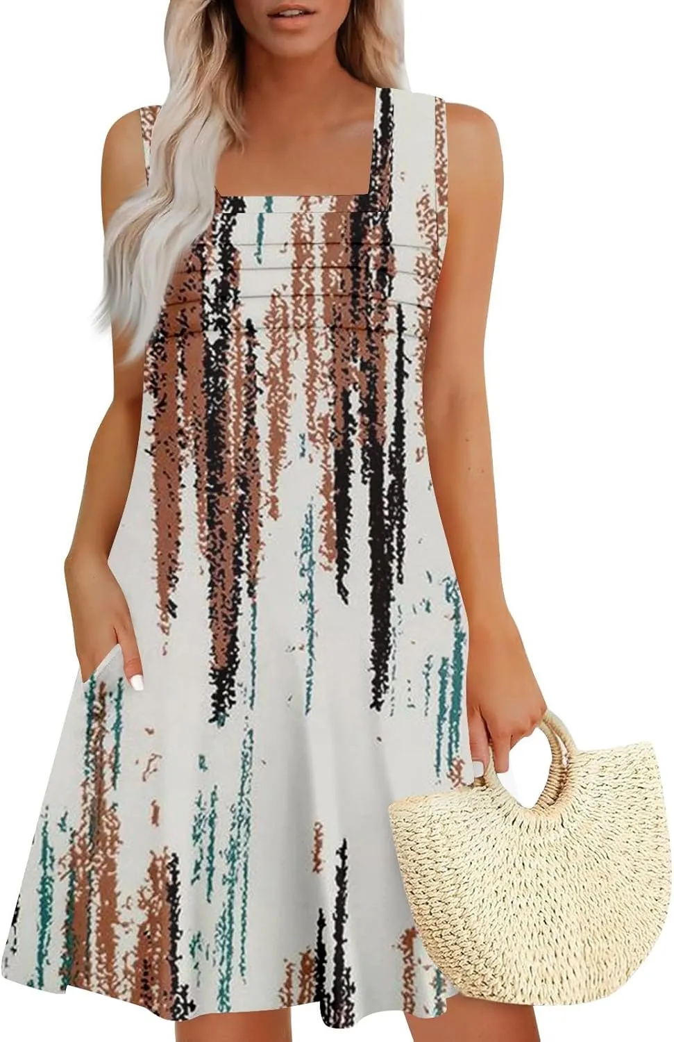 Summer Dresses for Women Sleeveless Casual Sundresses Square Neck Floral Pleated Front Tank Dress Loose T Shirt Dresses
