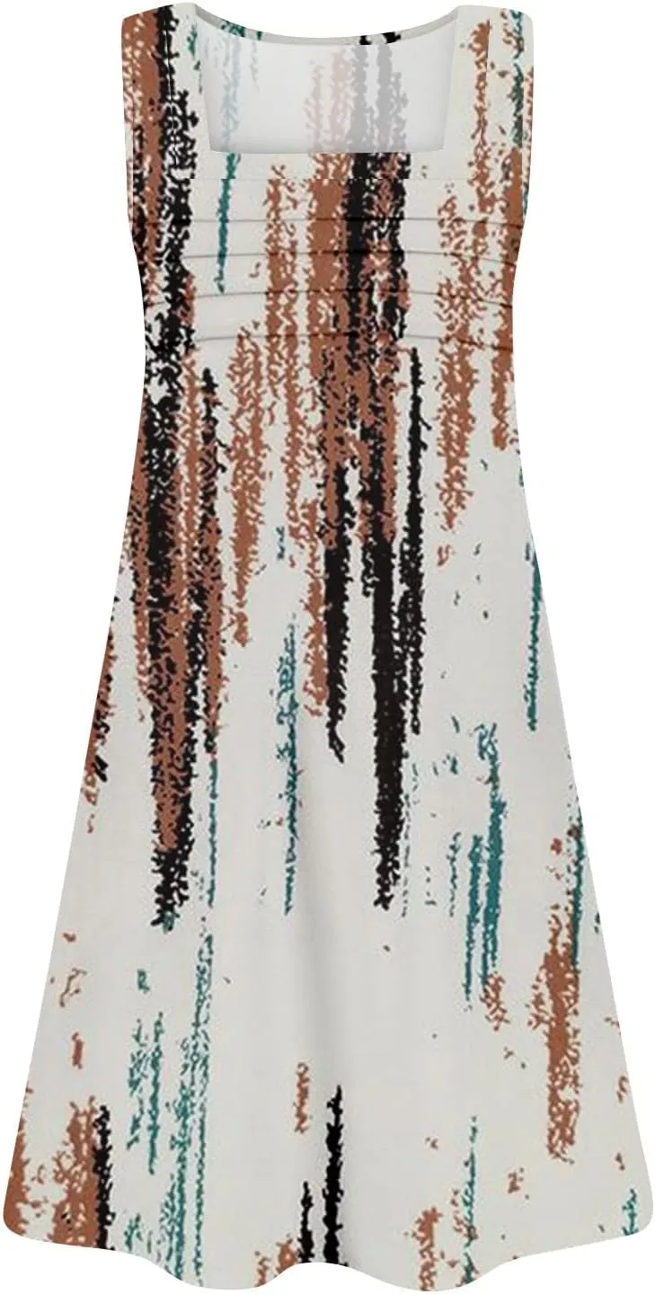 Summer Dresses for Women Sleeveless Casual Sundresses Square Neck Floral Pleated Front Tank Dress Loose T Shirt Dresses