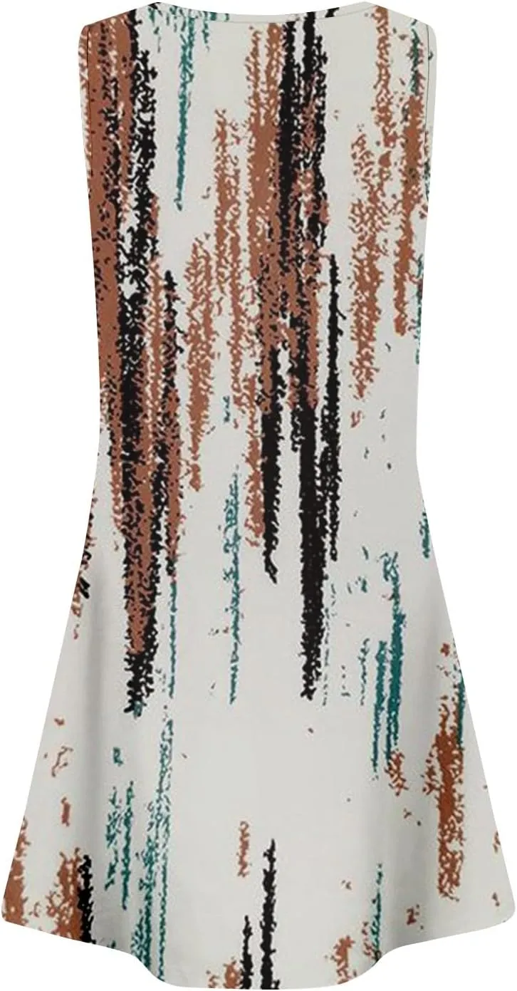 Summer Dresses for Women Sleeveless Casual Sundresses Square Neck Floral Pleated Front Tank Dress Loose T Shirt Dresses