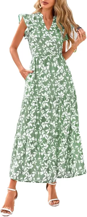 Summer Dresses for Women Trendy Floral Print V Neck Ruffle Sleeveless Maxi Dress Casual Flowy Tunic Ruffle Hem Dress