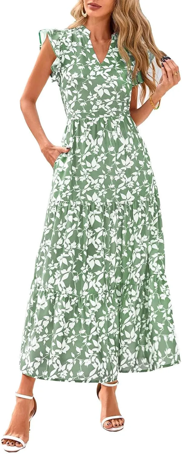 Summer Dresses for Women Trendy Floral Print V Neck Ruffle Sleeveless Maxi Dress Casual Flowy Tunic Ruffle Hem Dress