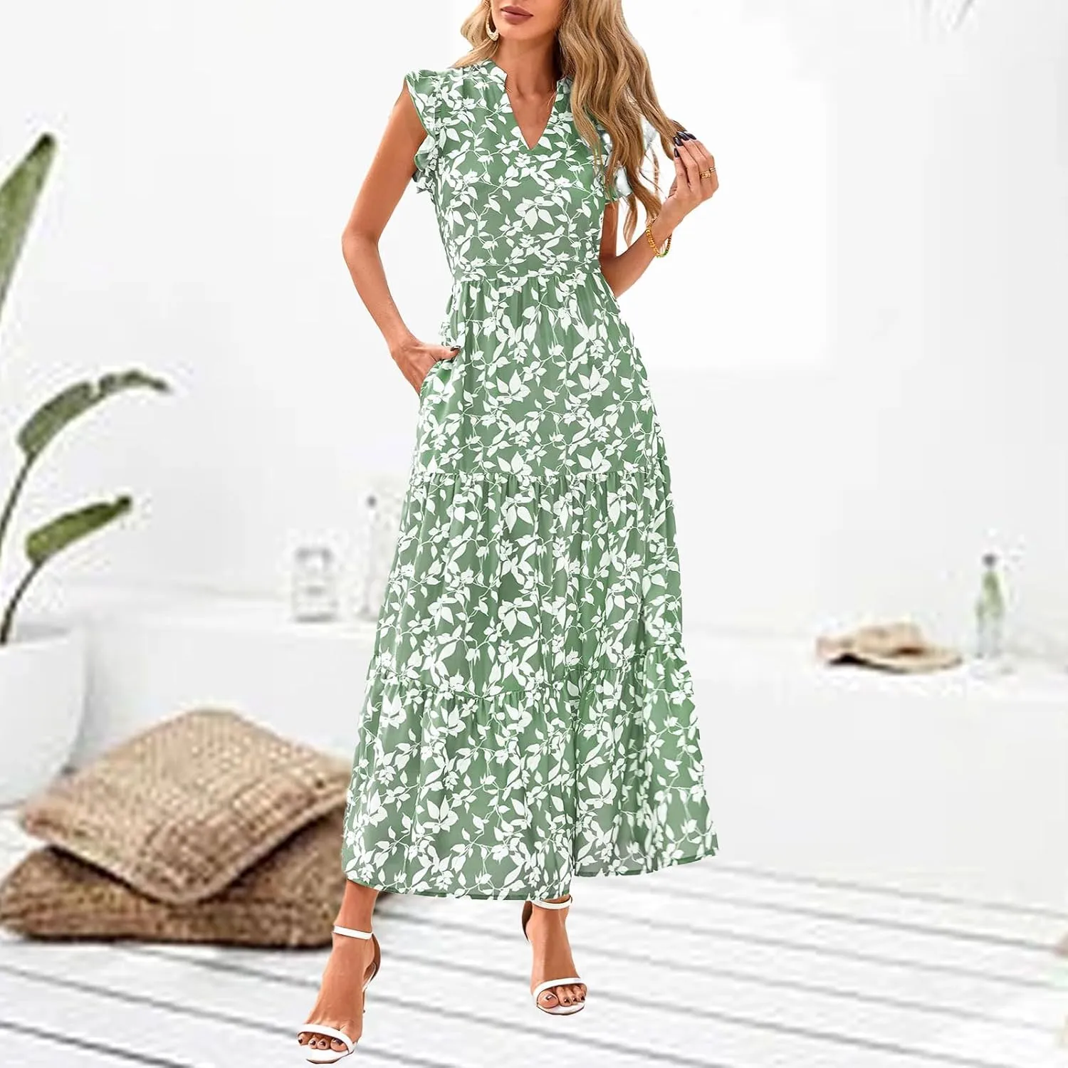 Summer Dresses for Women Trendy Floral Print V Neck Ruffle Sleeveless Maxi Dress Casual Flowy Tunic Ruffle Hem Dress