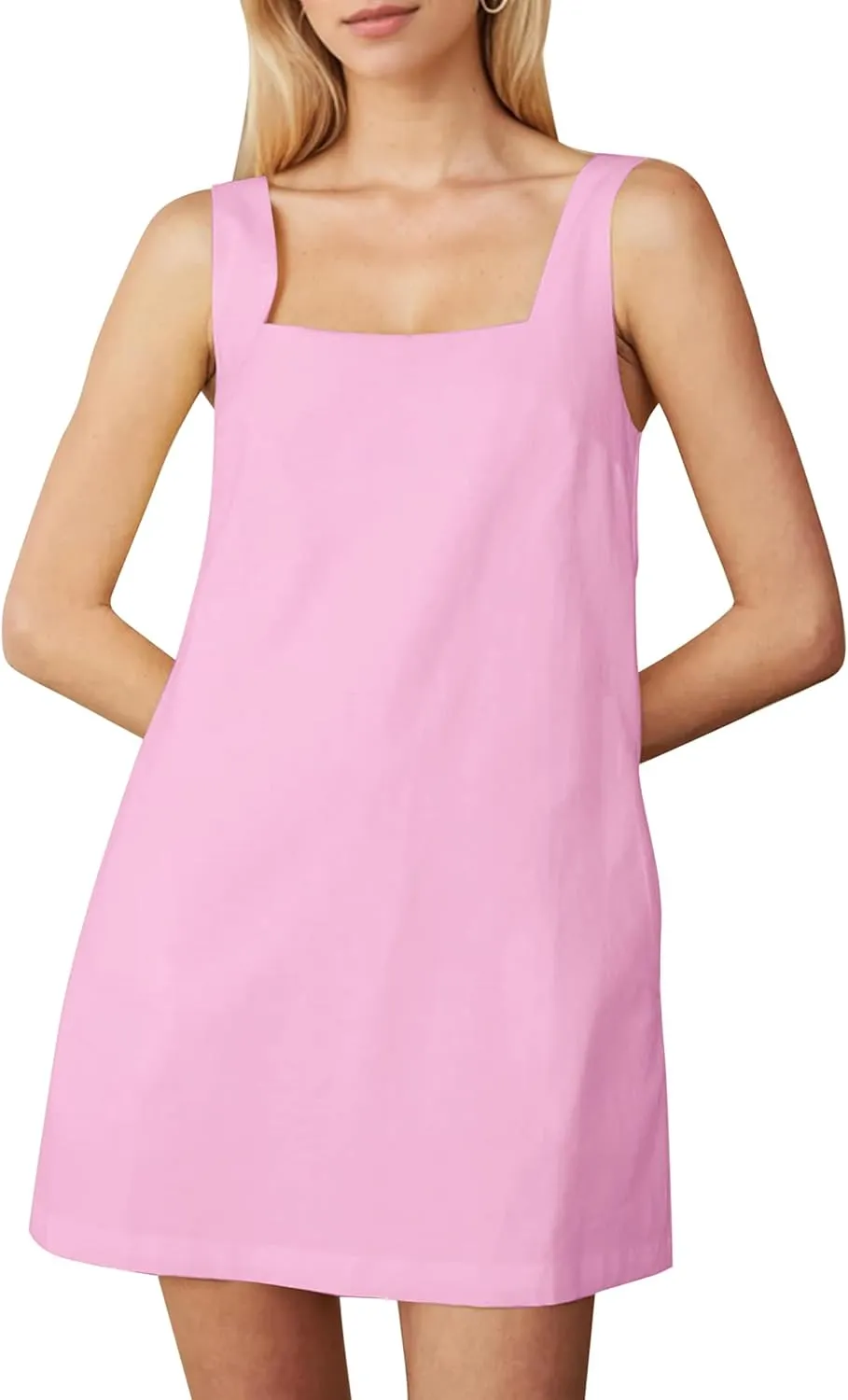 Summer Linen Mini Dress for Women Sleeveless Square Neck Tank Shift Dresses Causal Backless Solid Short Sundress