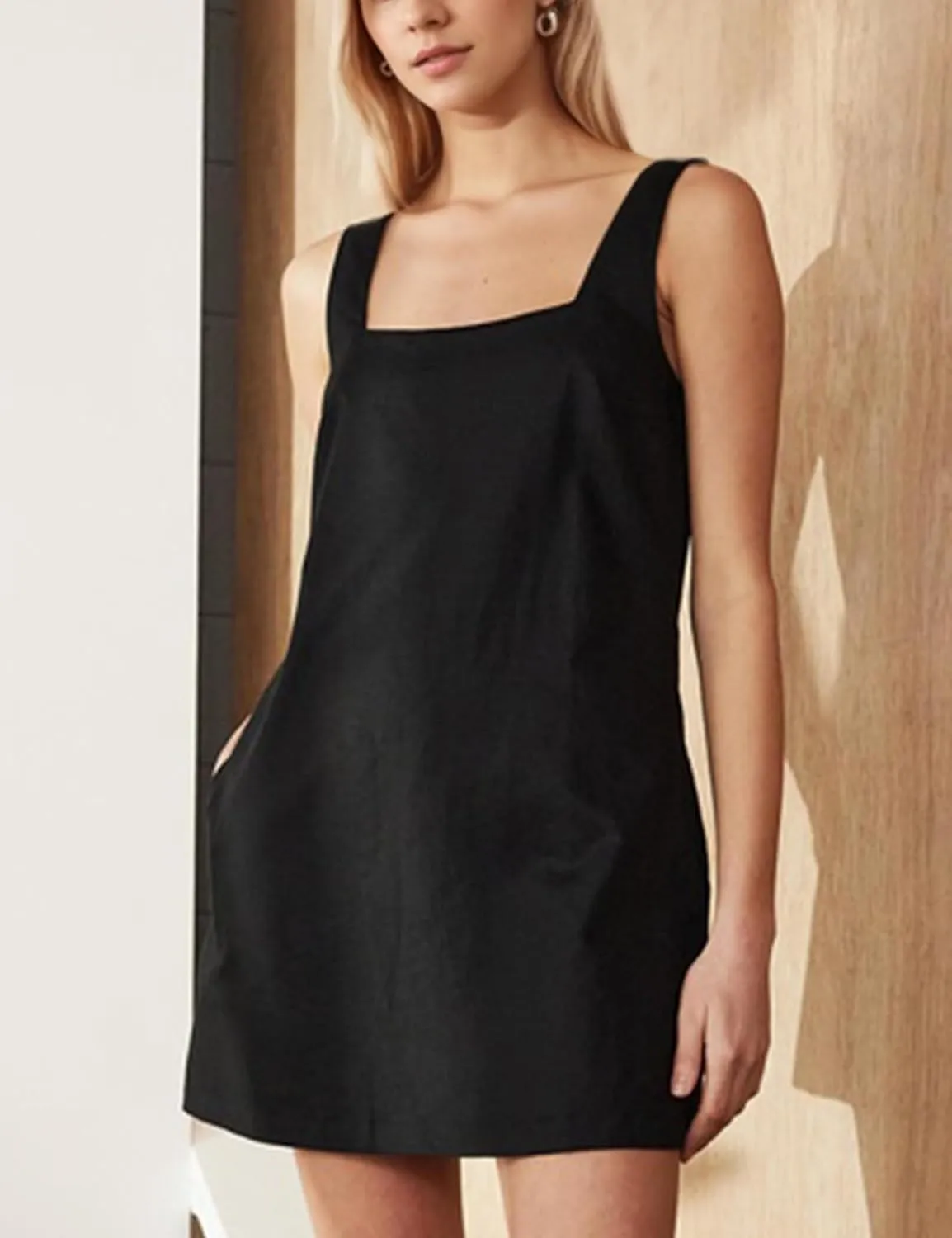 Summer Linen Mini Dress for Women Sleeveless Square Neck Tank Shift Dresses Causal Backless Solid Short Sundress