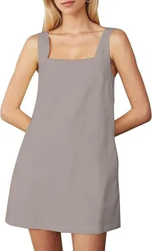 Summer Linen Mini Dress for Women Sleeveless Square Neck Tank Shift Dresses Causal Backless Solid Short Sundress
