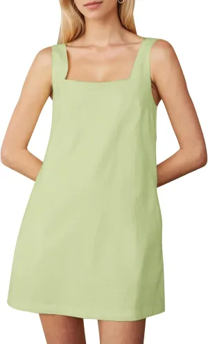 Summer Linen Mini Dress for Women Sleeveless Square Neck Tank Shift Dresses Causal Backless Solid Short Sundress