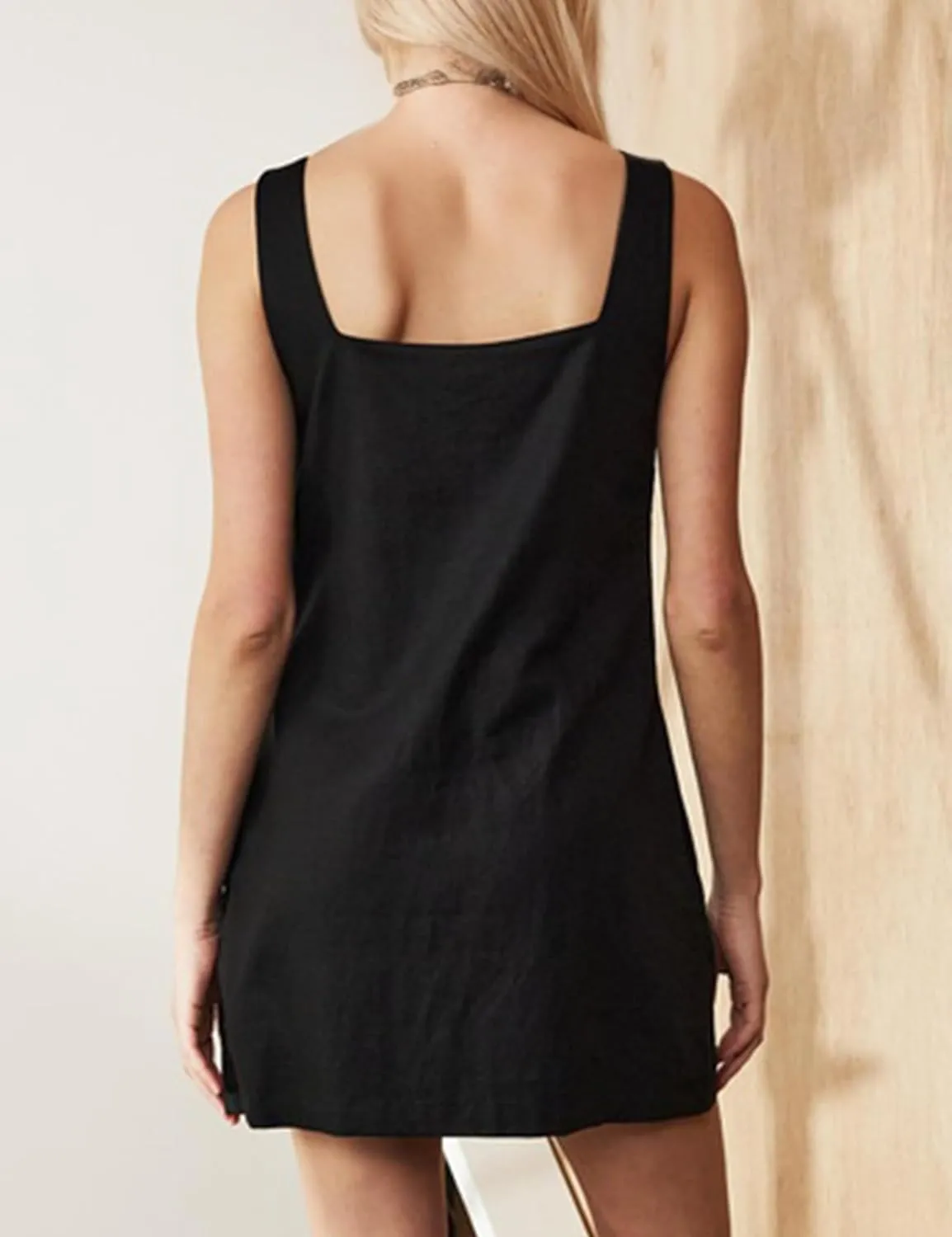 Summer Linen Mini Dress for Women Sleeveless Square Neck Tank Shift Dresses Causal Backless Solid Short Sundress