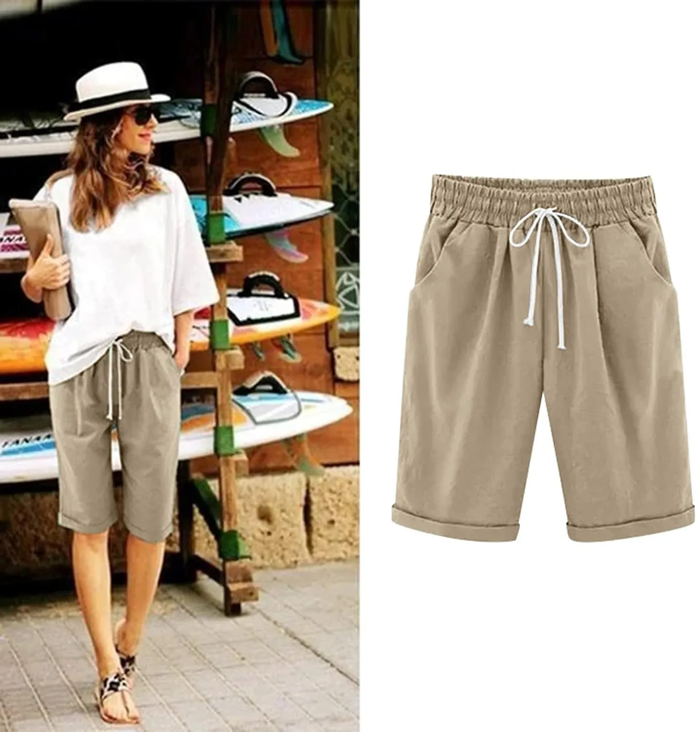 Summer Shorts for Women Cotton Linen Drawstring Lounge Capri Pants High Waist Loose Fit Trousers with Pockets