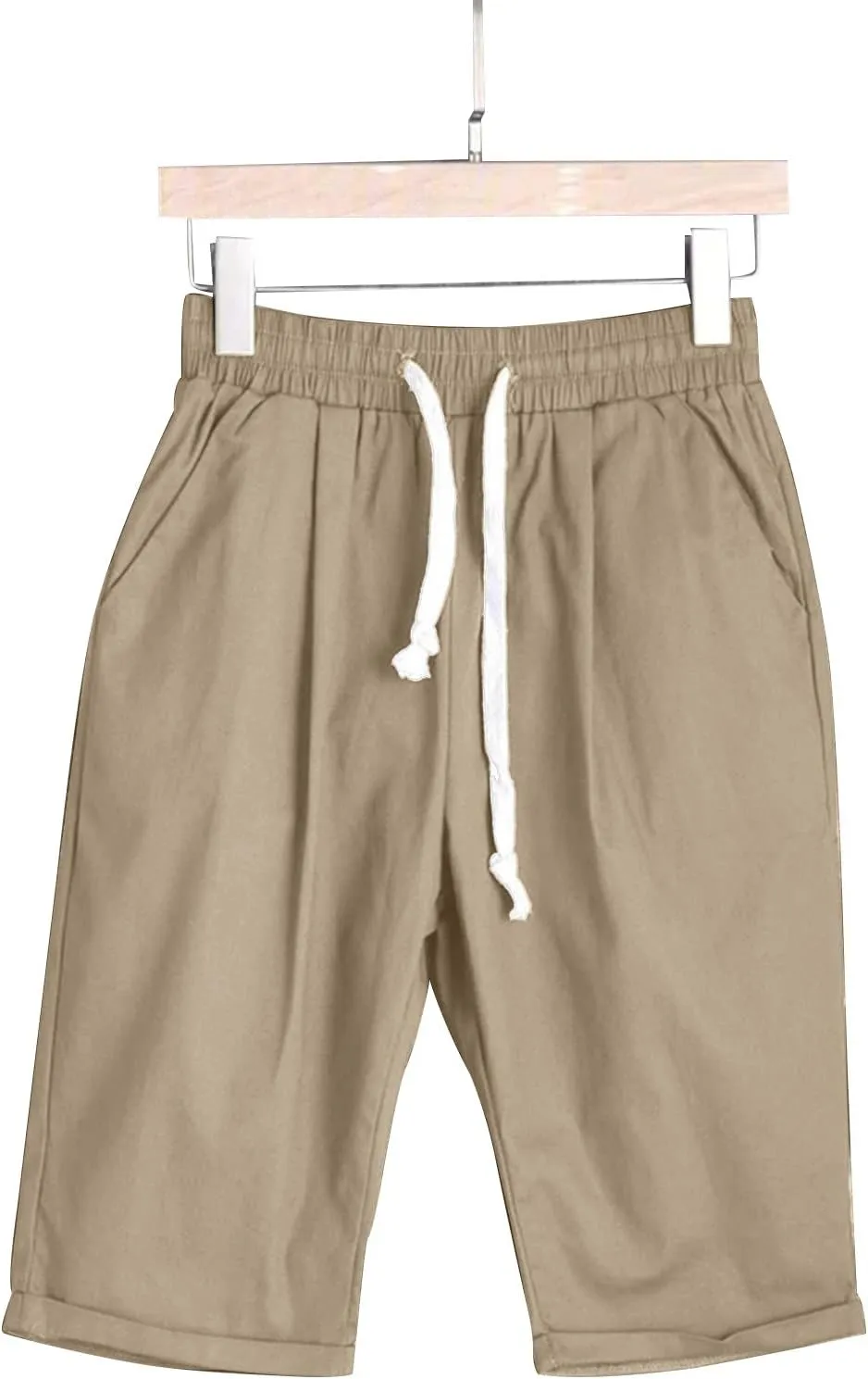 Summer Shorts for Women Cotton Linen Drawstring Lounge Capri Pants High Waist Loose Fit Trousers with Pockets