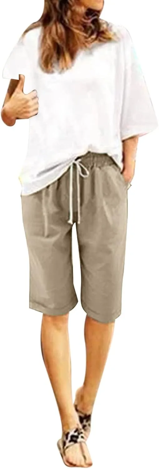 Summer Shorts for Women Cotton Linen Drawstring Lounge Capri Pants High Waist Loose Fit Trousers with Pockets