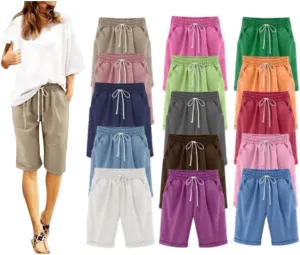 Summer Shorts for Women Cotton Linen Drawstring Lounge Capri Pants High Waist Loose Fit Trousers with Pockets