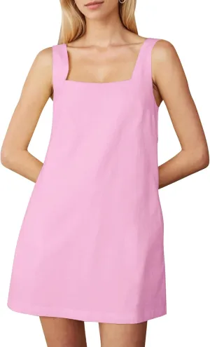 Summer Sleeveless Cotton Linen Mini Dress for Women Casual Square Neck Backless Short Dress Solid Tank Shift Dresses