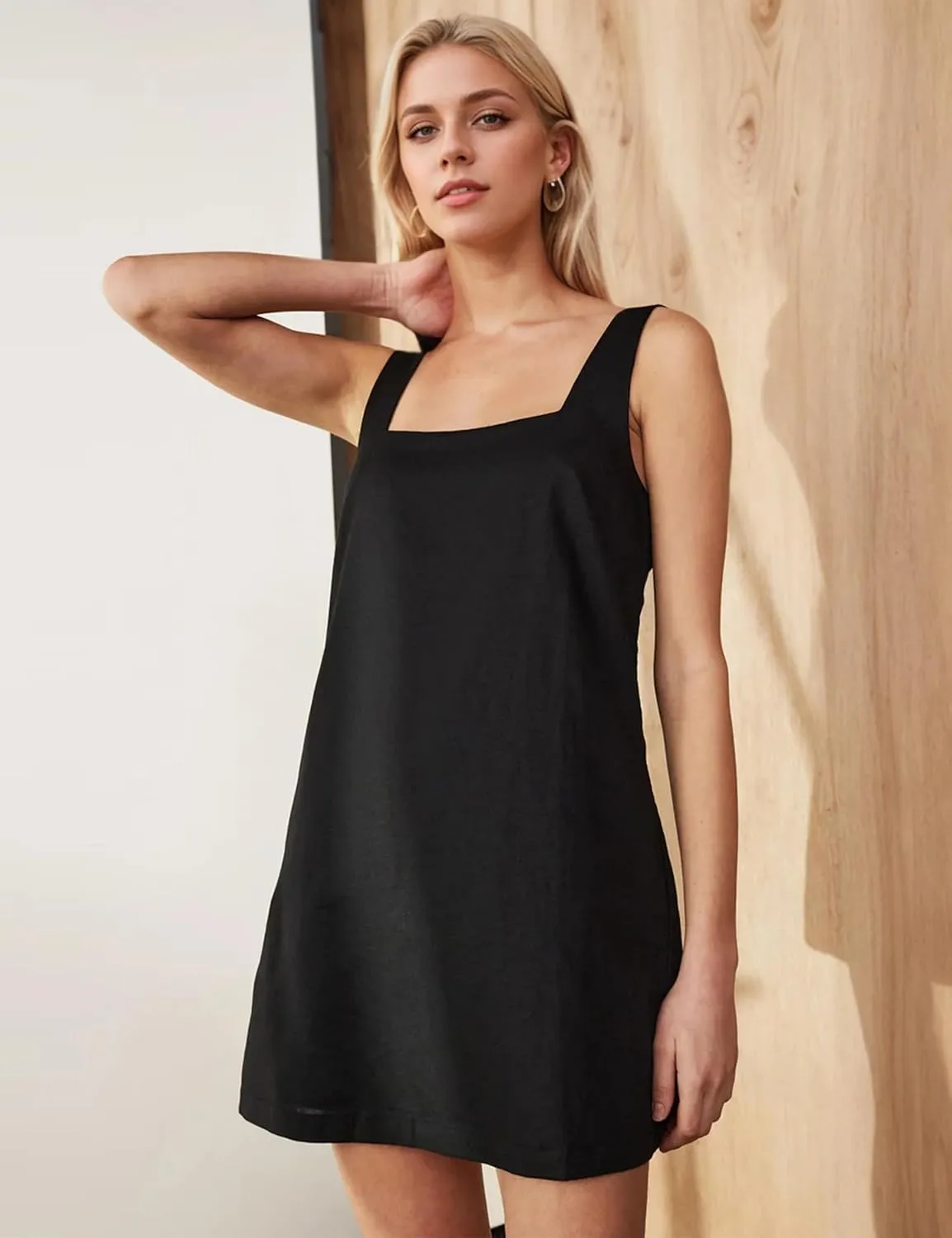 Summer Sleeveless Cotton Linen Mini Dress for Women Casual Square Neck Backless Short Dress Solid Tank Shift Dresses