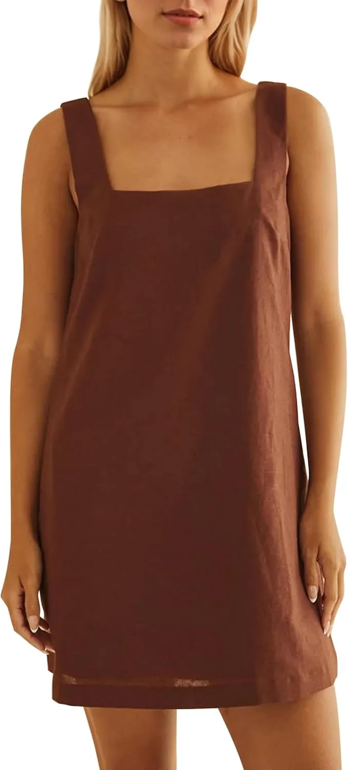 Summer Sleeveless Cotton Linen Mini Dress for Women Casual Square Neck Backless Short Dress Solid Tank Shift Dresses