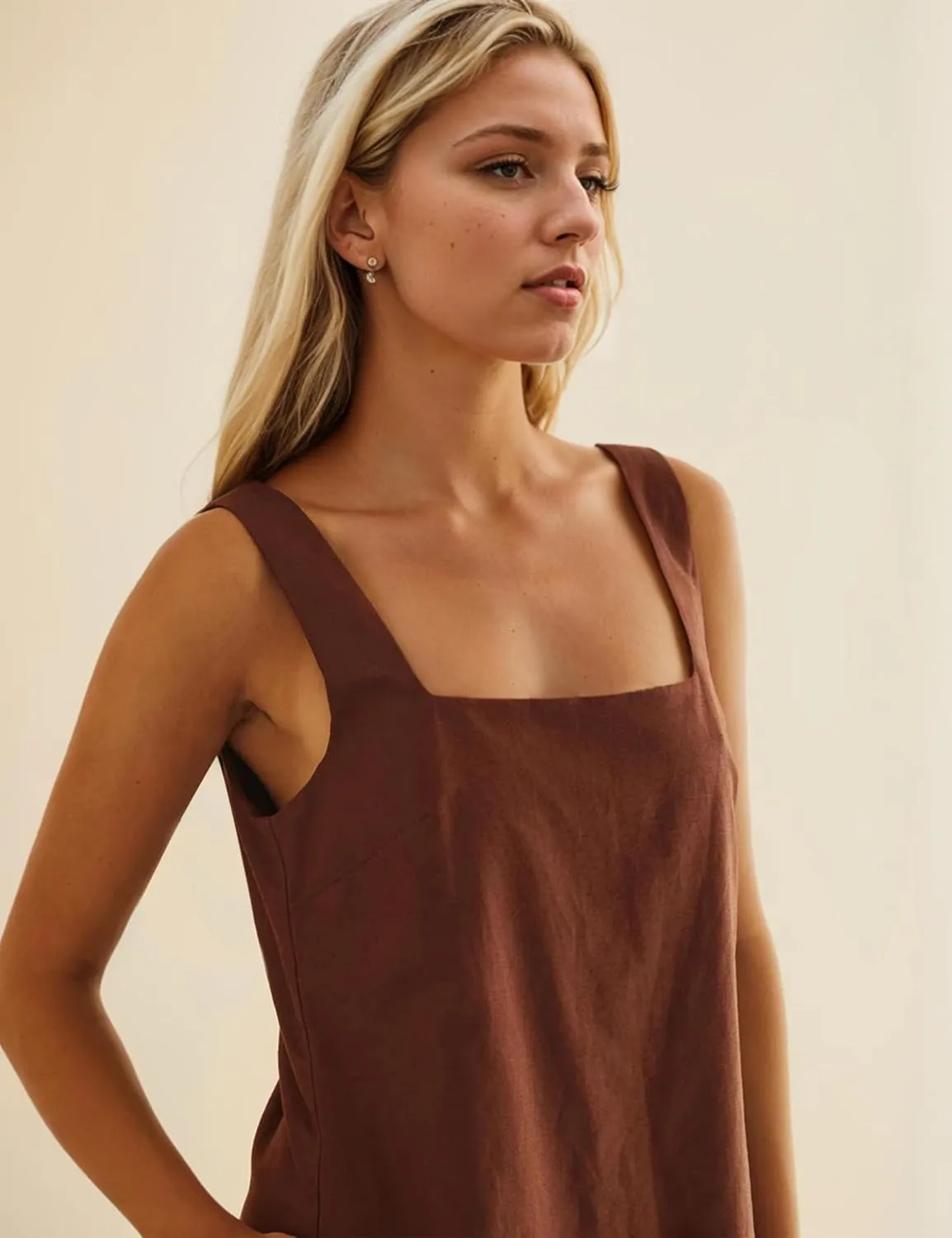 Summer Sleeveless Cotton Linen Mini Dress for Women Casual Square Neck Backless Short Dress Solid Tank Shift Dresses