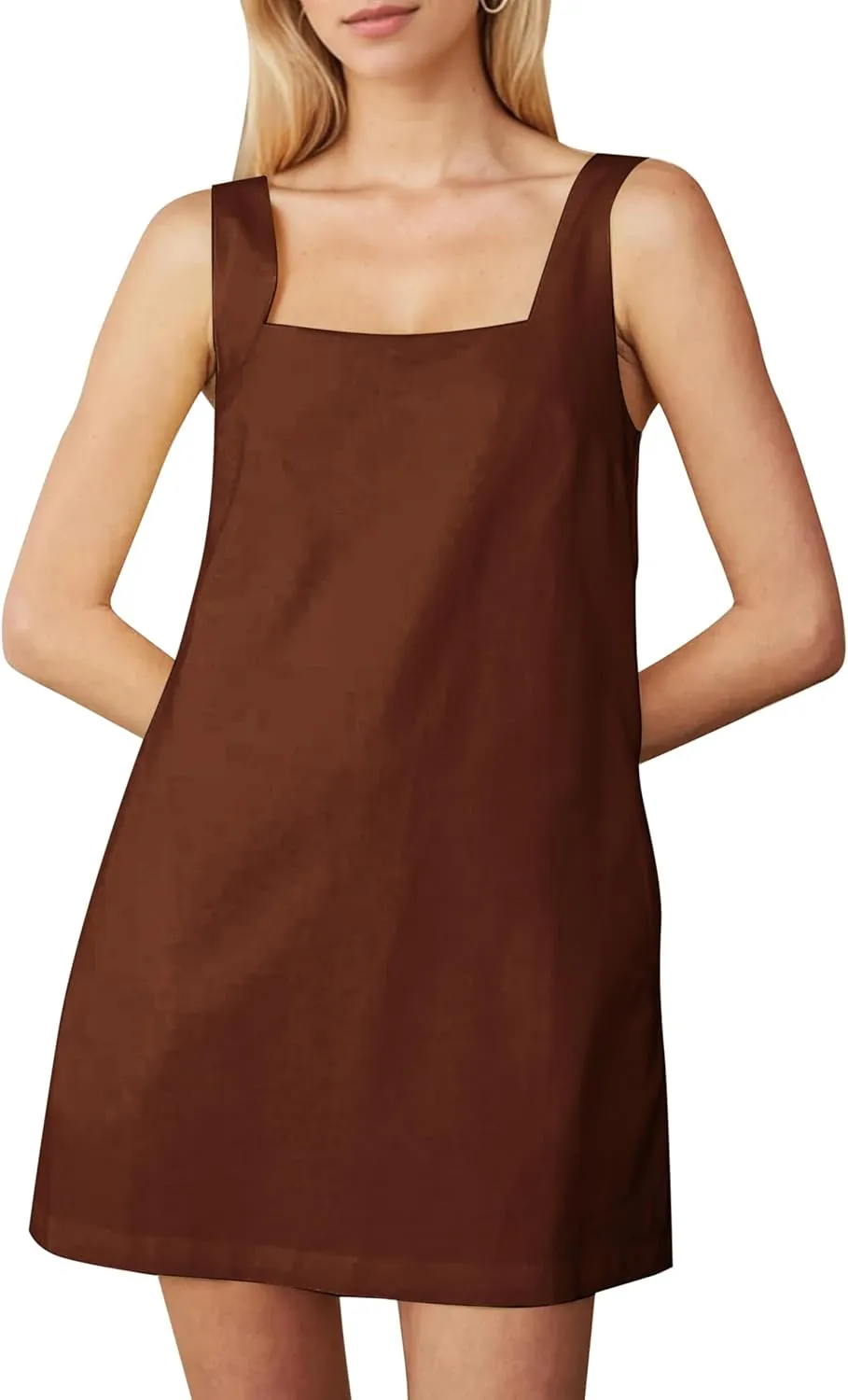 Summer Sleeveless Cotton Linen Mini Dress for Women Casual Square Neck Backless Short Dress Solid Tank Shift Dresses