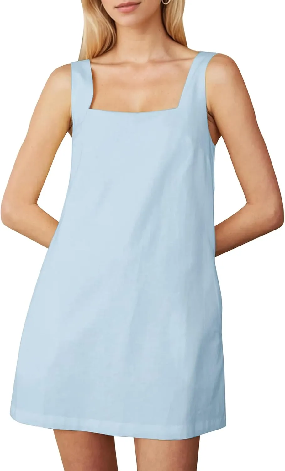 Summer Sleeveless Cotton Linen Mini Dress for Women Casual Square Neck Backless Short Dress Solid Tank Shift Dresses