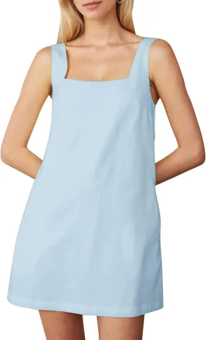 Summer Sleeveless Cotton Linen Mini Dress for Women Casual Square Neck Backless Short Dress Solid Tank Shift Dresses