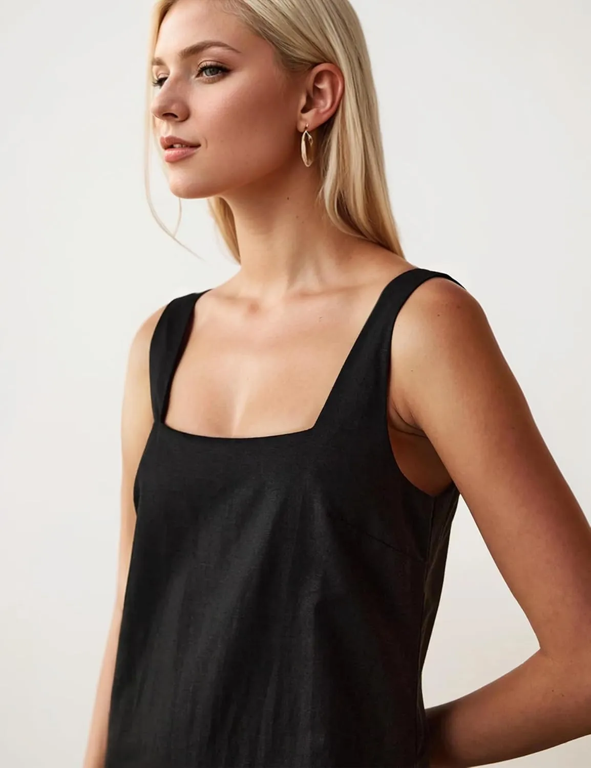 Summer Sleeveless Cotton Linen Mini Dress for Women Casual Square Neck Backless Short Dress Solid Tank Shift Dresses