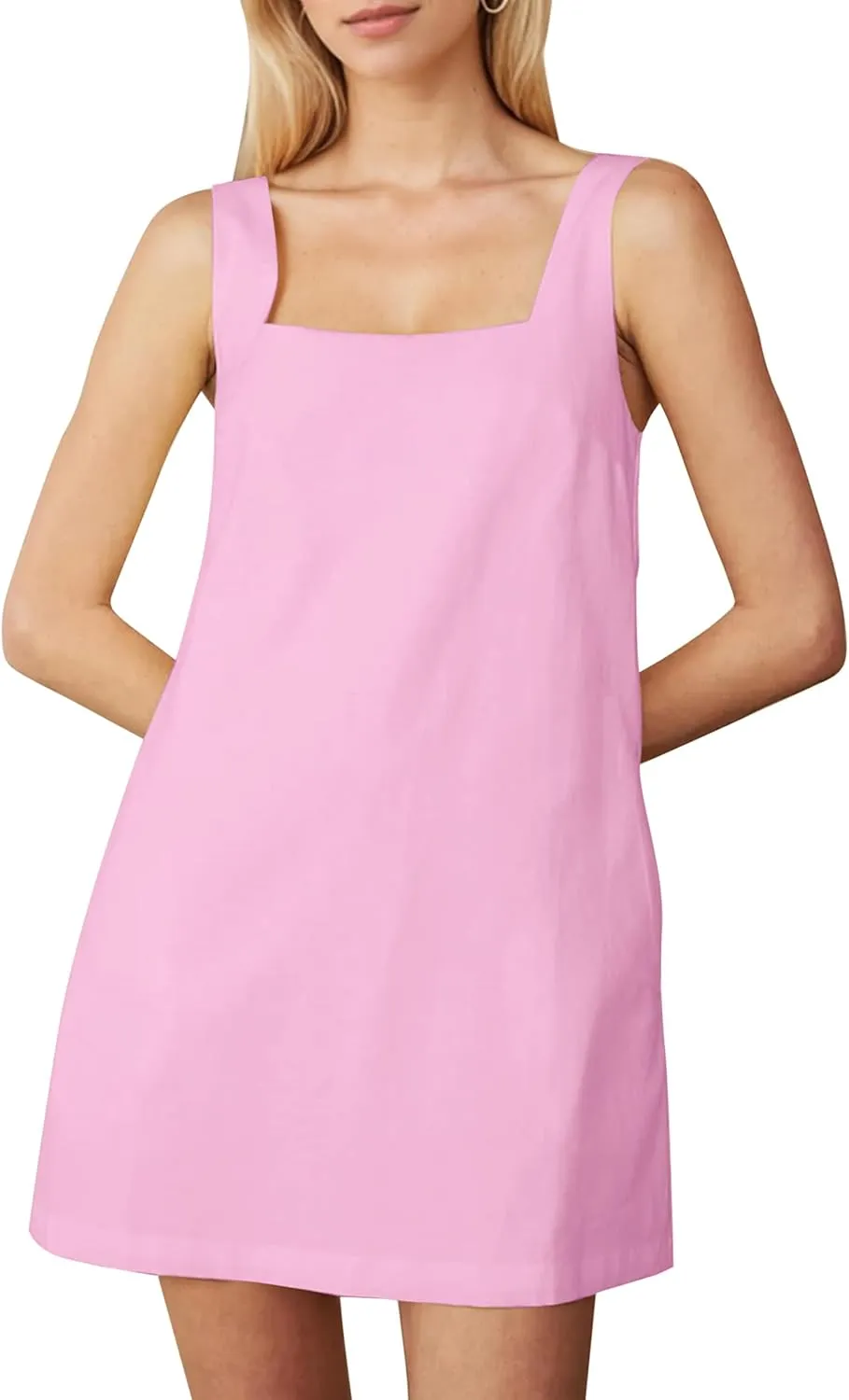 Summer Sleeveless Cotton Linen Mini Dress for Women Casual Square Neck Backless Short Dress Solid Tank Shift Dresses